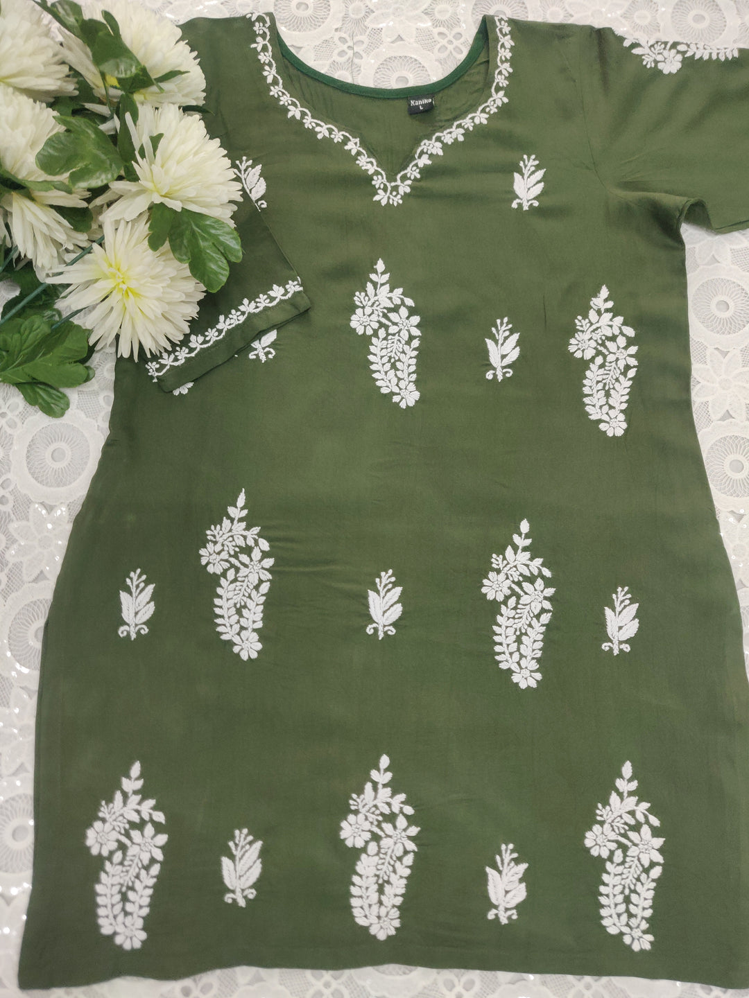 Mehndi Green Rayon Chikankari Short kurta