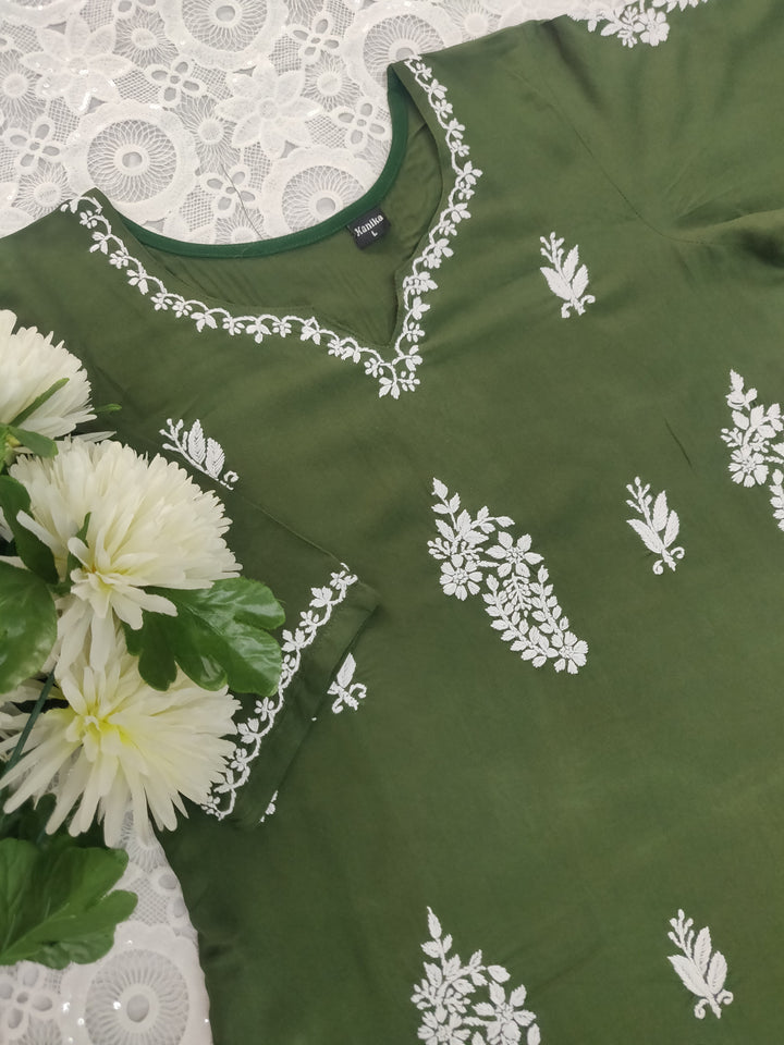 Mehndi Green Rayon Chikankari Short kurta
