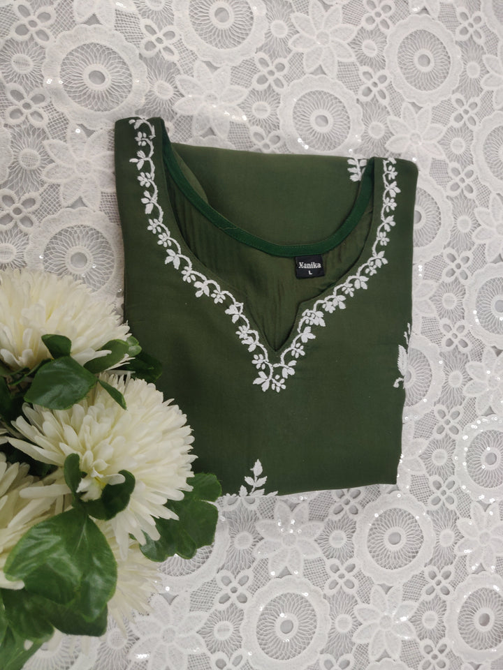 Mehndi Green Rayon Chikankari Short kurta
