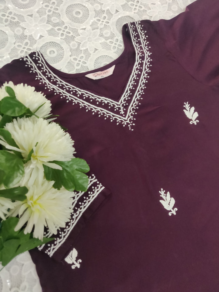 Wine Rayon Chikankari Short kurta