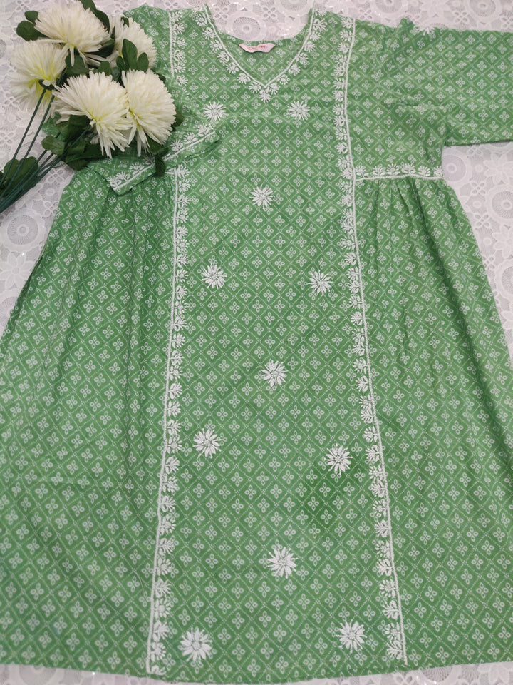 Green Printed Cotton Chikankari A-line kurta