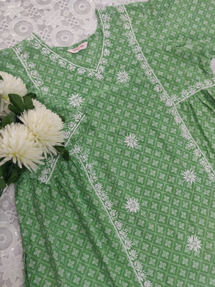 Green Printed Cotton Chikankari A-line kurta