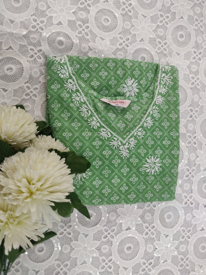 Green Printed Cotton Chikankari A-line kurta