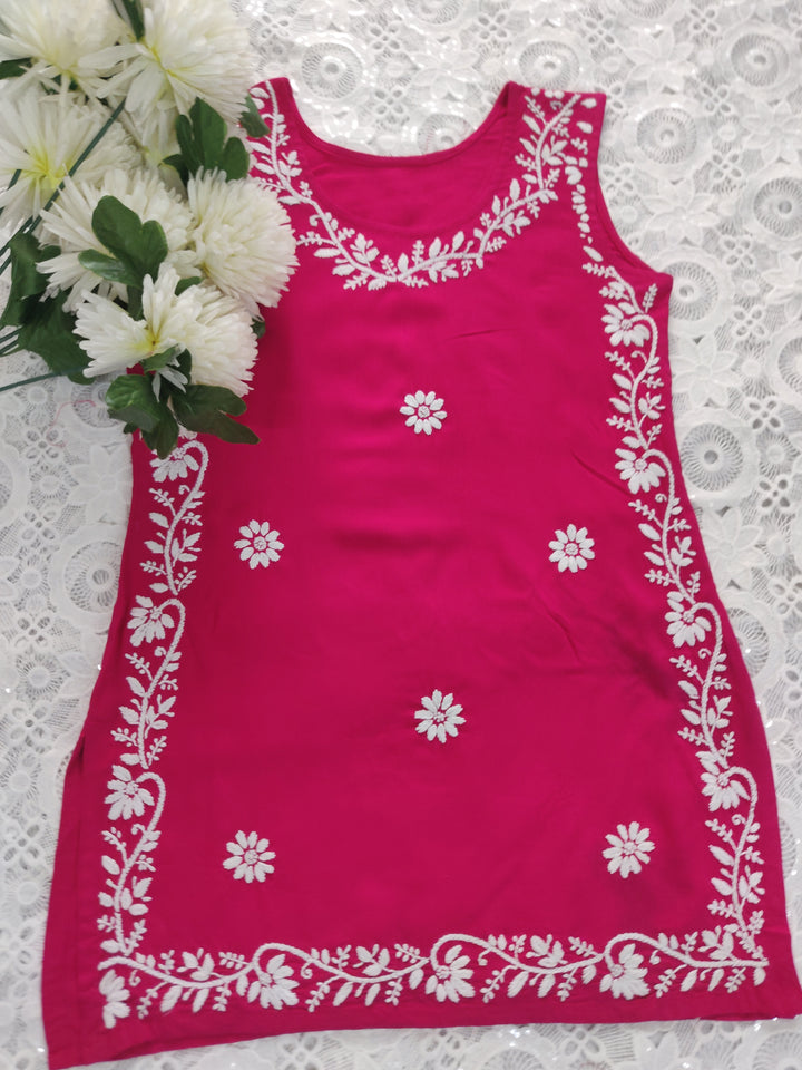 Rani Pink Rayon Chikankari Short kurta