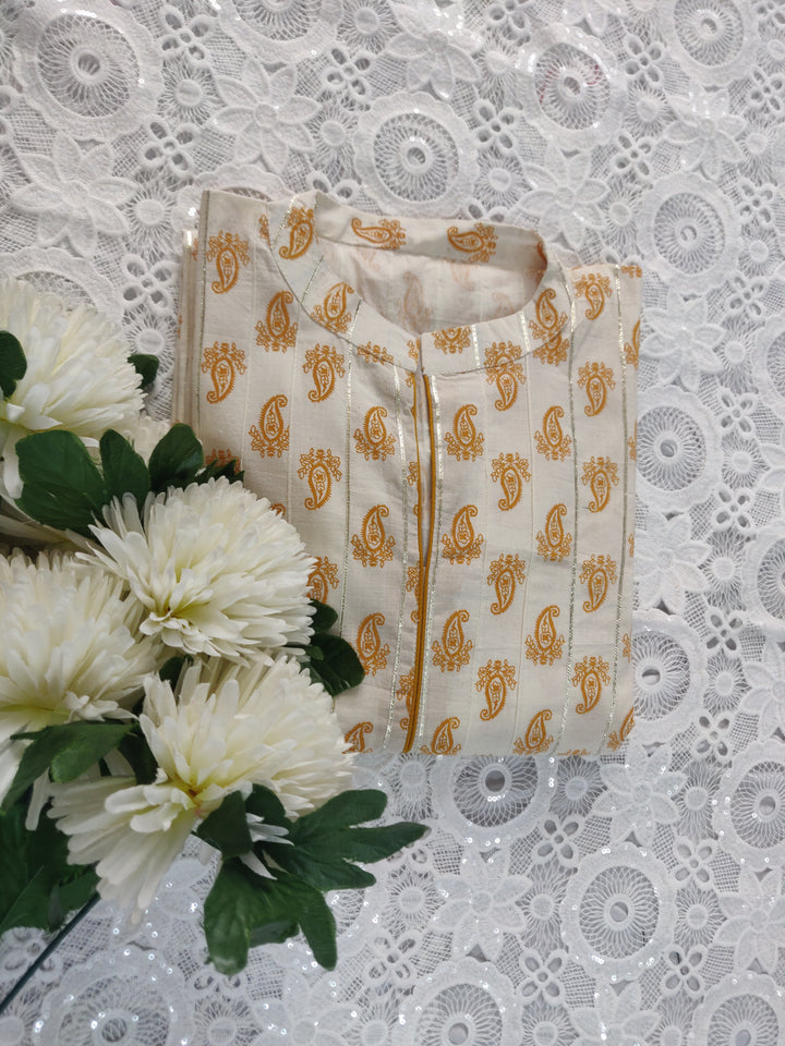 White and Mustard Printed Cotton Short kurta
