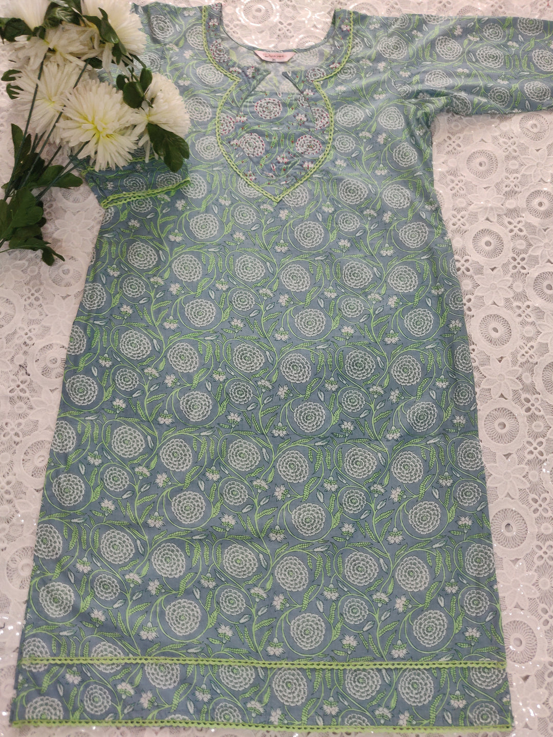 Green Printed Cotton Chikankari