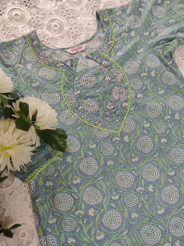 Green Printed Cotton Chikankari