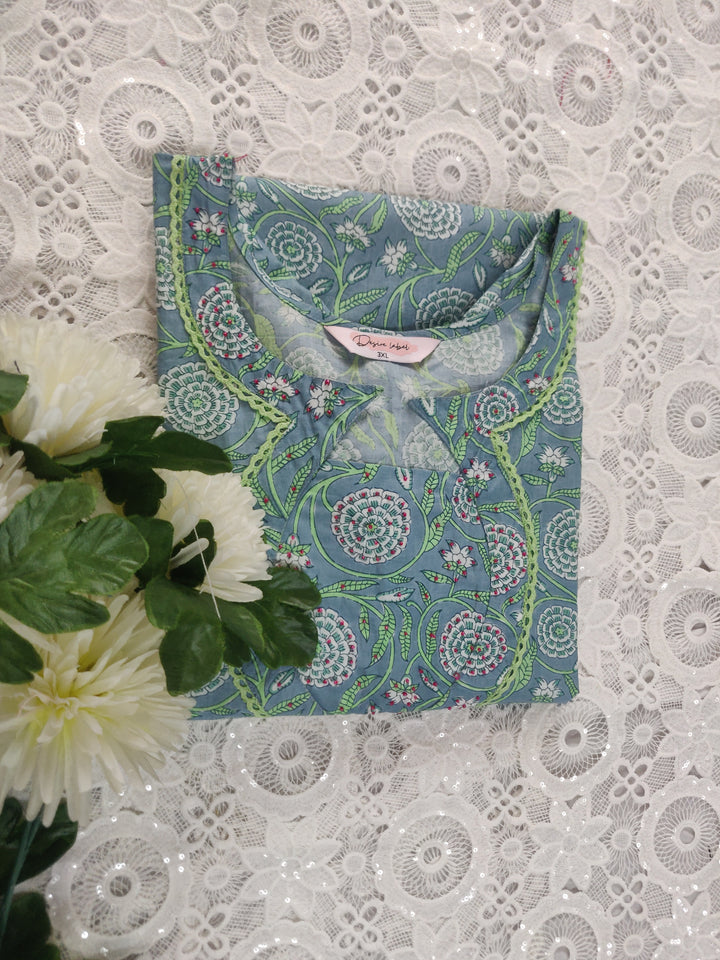 Green Printed Cotton Chikankari