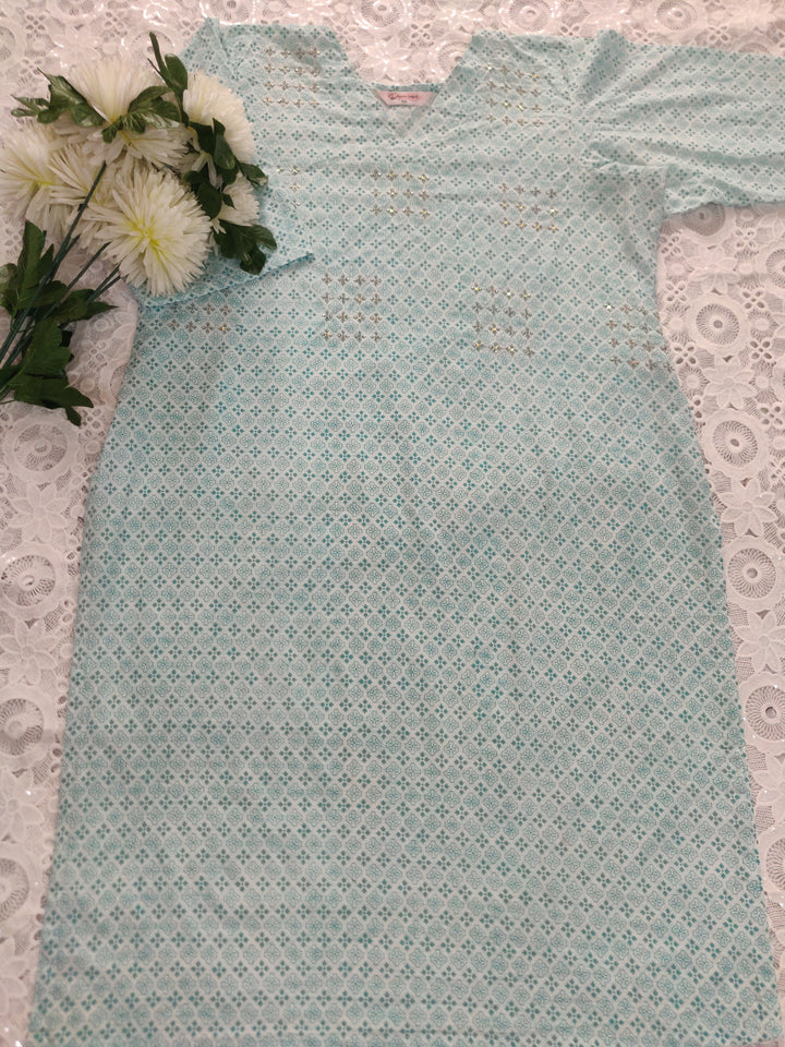 Sea Green Printed Cotton kurta