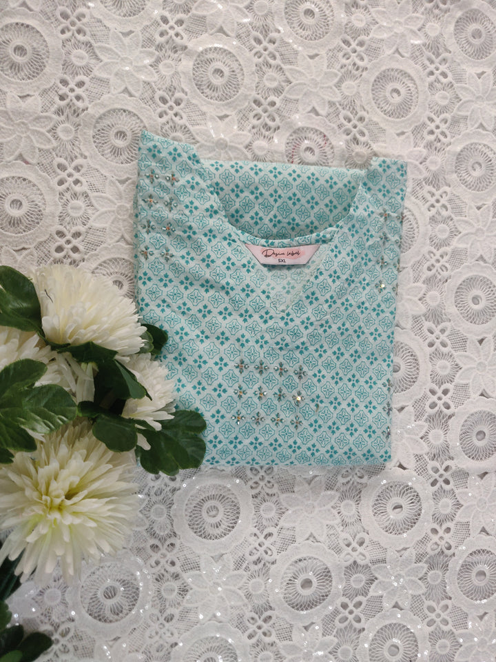 Sea Green Printed Cotton kurta