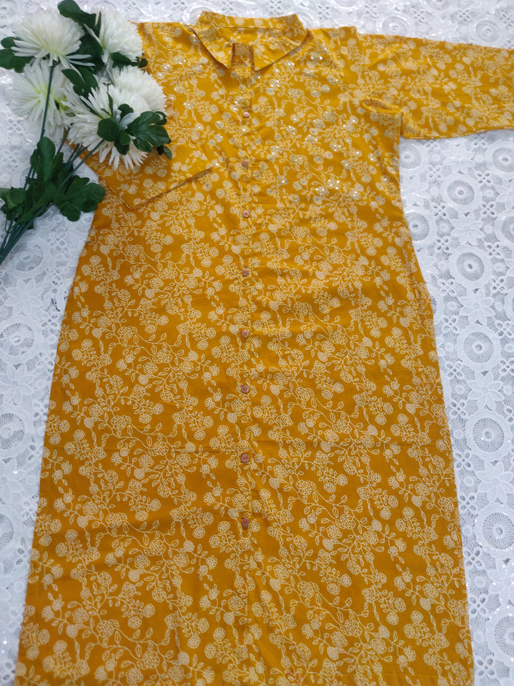 Mustard Printed Cotton kurta