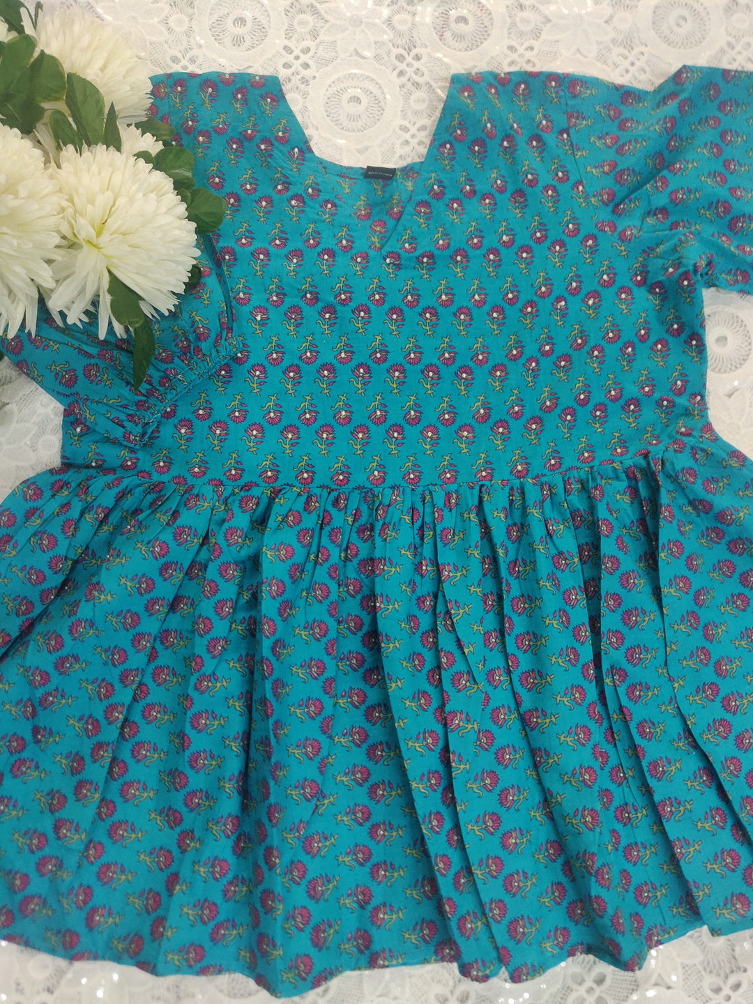 Blue Printed Cotton Short kurta