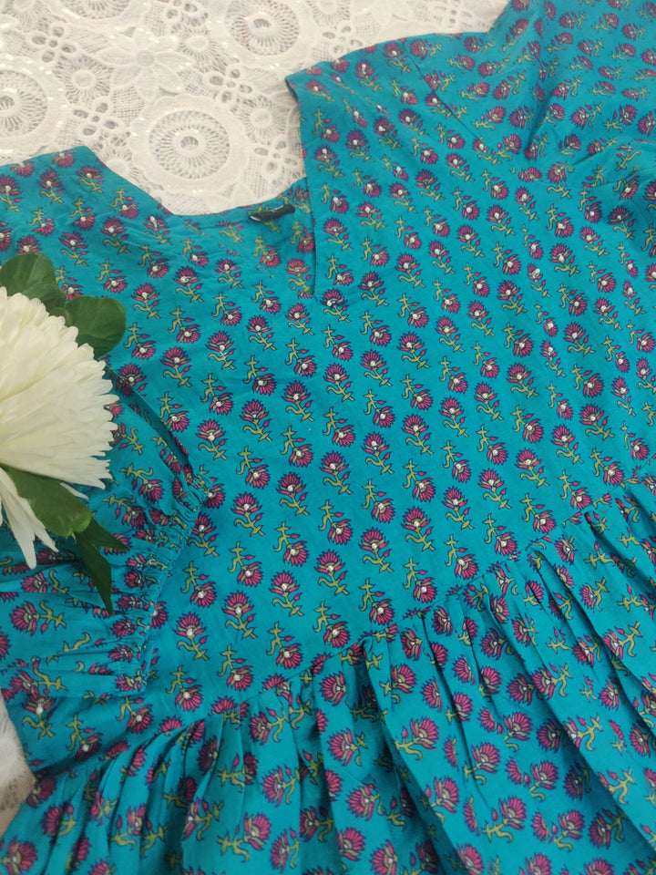 Blue Printed Cotton Short kurta