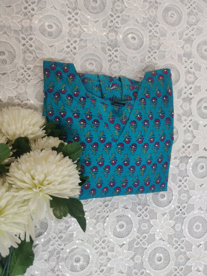 Blue Printed Cotton Short kurta