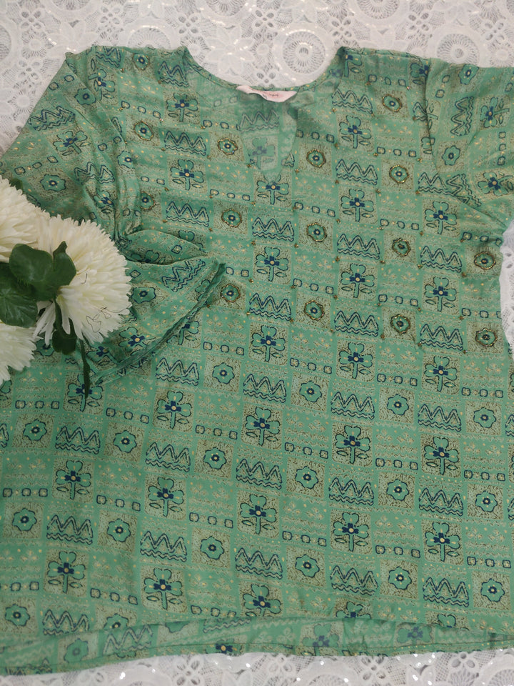 Green Printed Cotton Short kurta