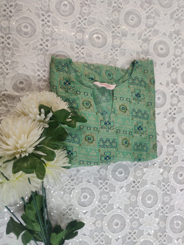 Green Printed Cotton Short kurta
