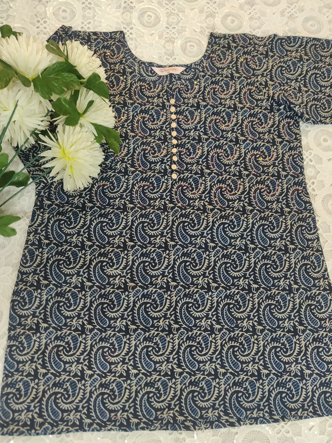 Navy Blue Printed Cotton Short kurta
