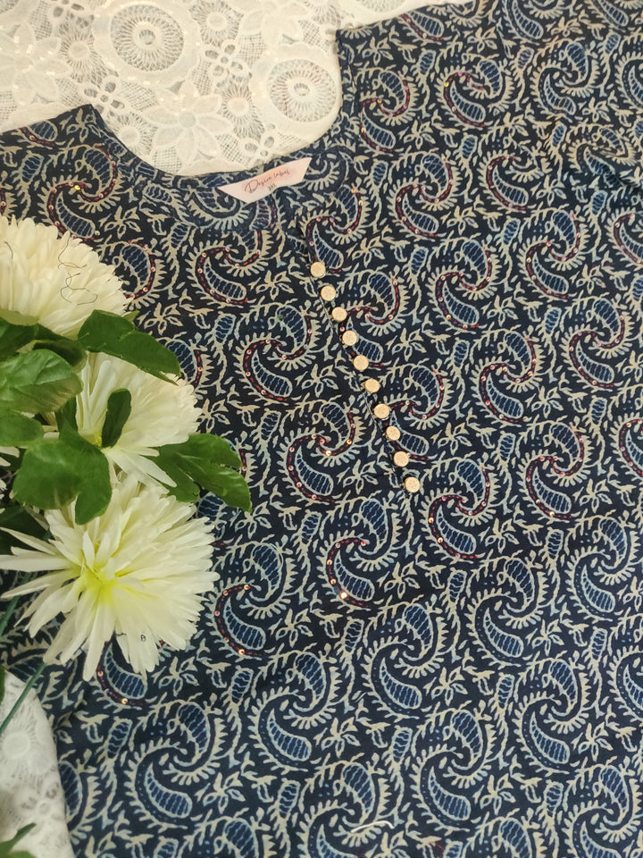 Navy Blue Printed Cotton Short kurta