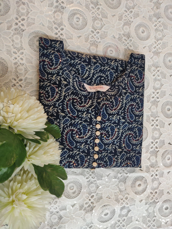 Navy Blue Printed Cotton Short kurta