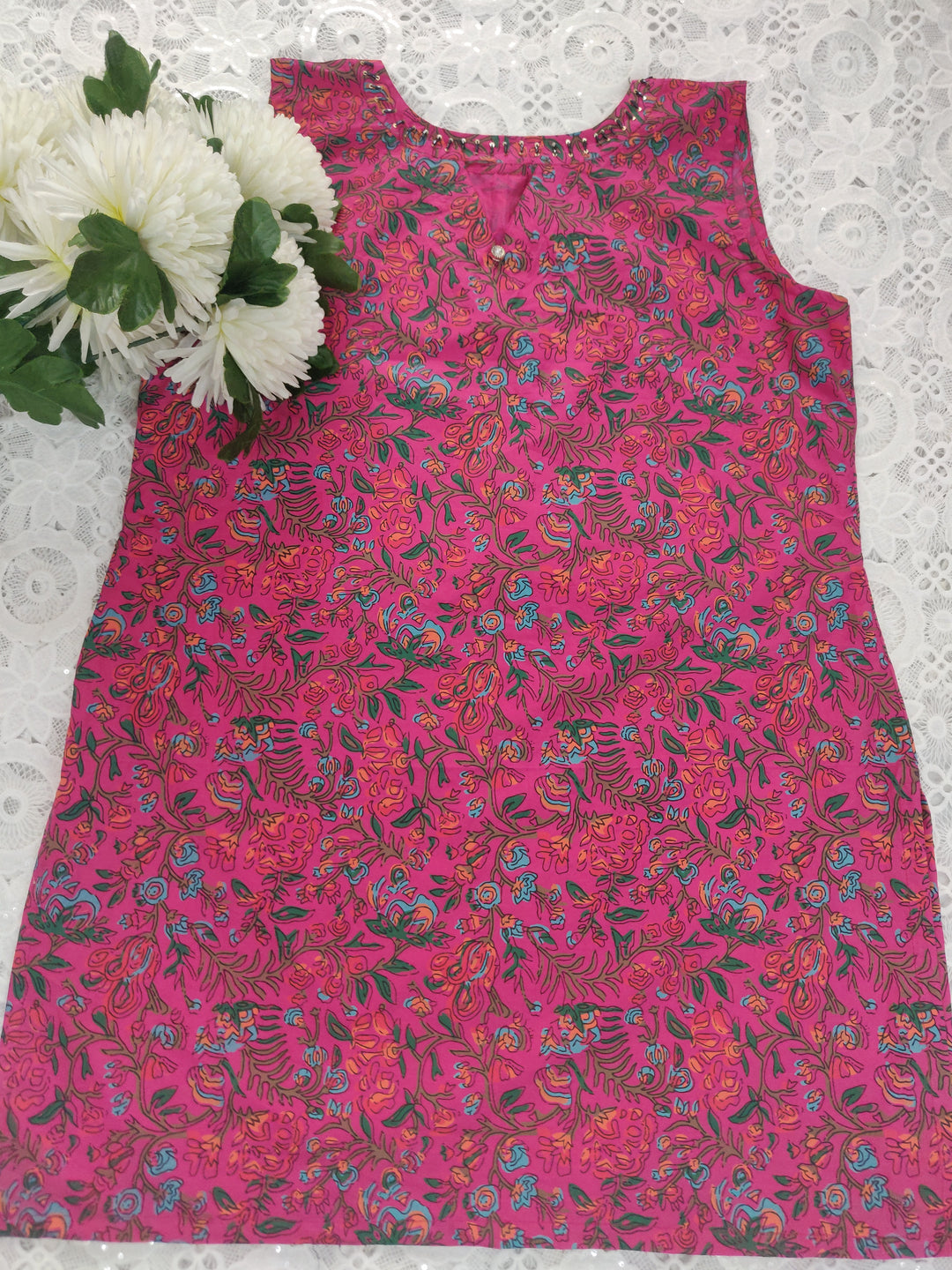 Rani Pink Printed Cotton Short kurta