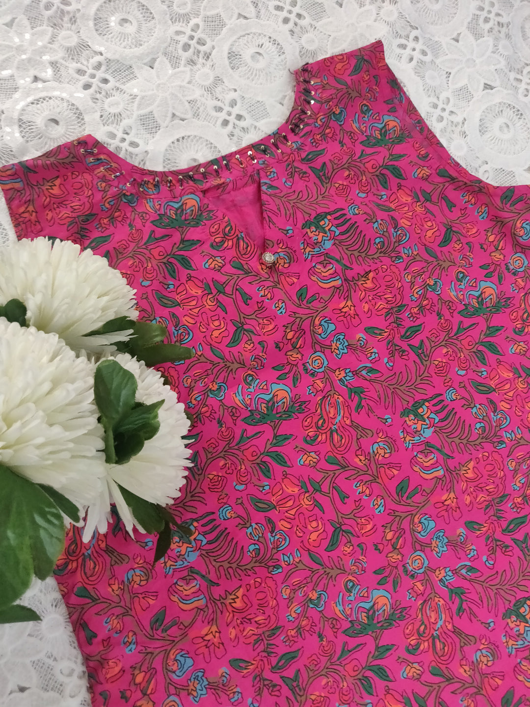 Rani Pink Printed Cotton Short kurta