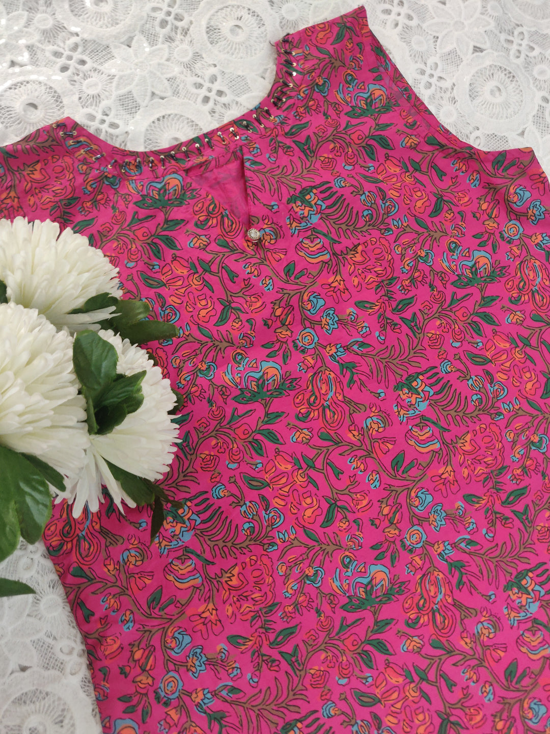 Rani Pink Printed Cotton Short kurta