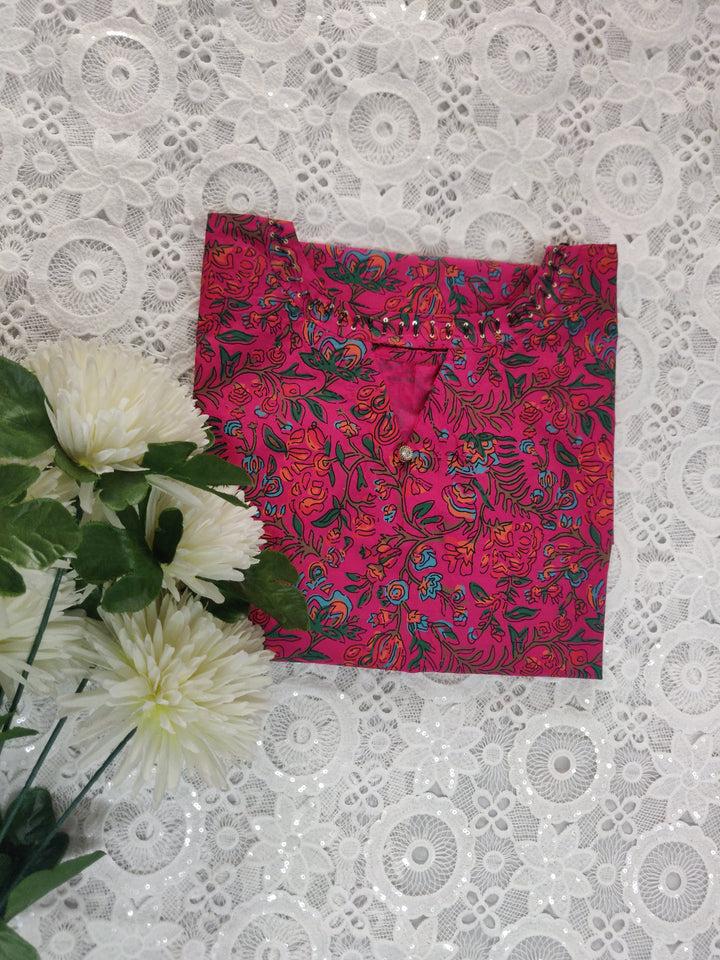 Rani Pink Printed Cotton Short kurta
