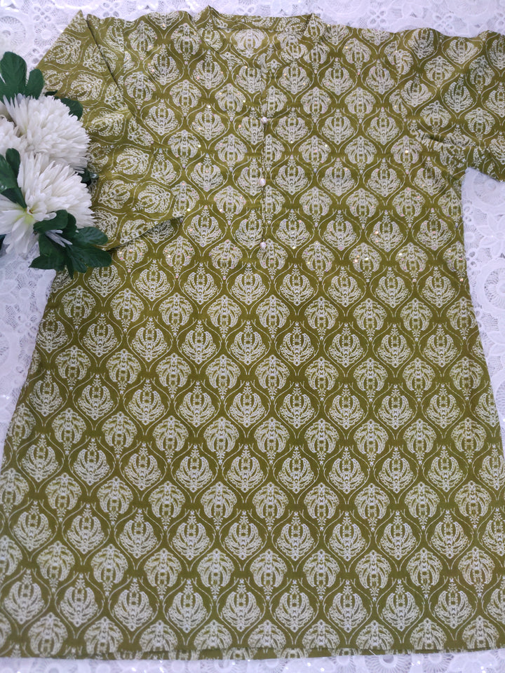 Olive green Printed Cotton Short kurta