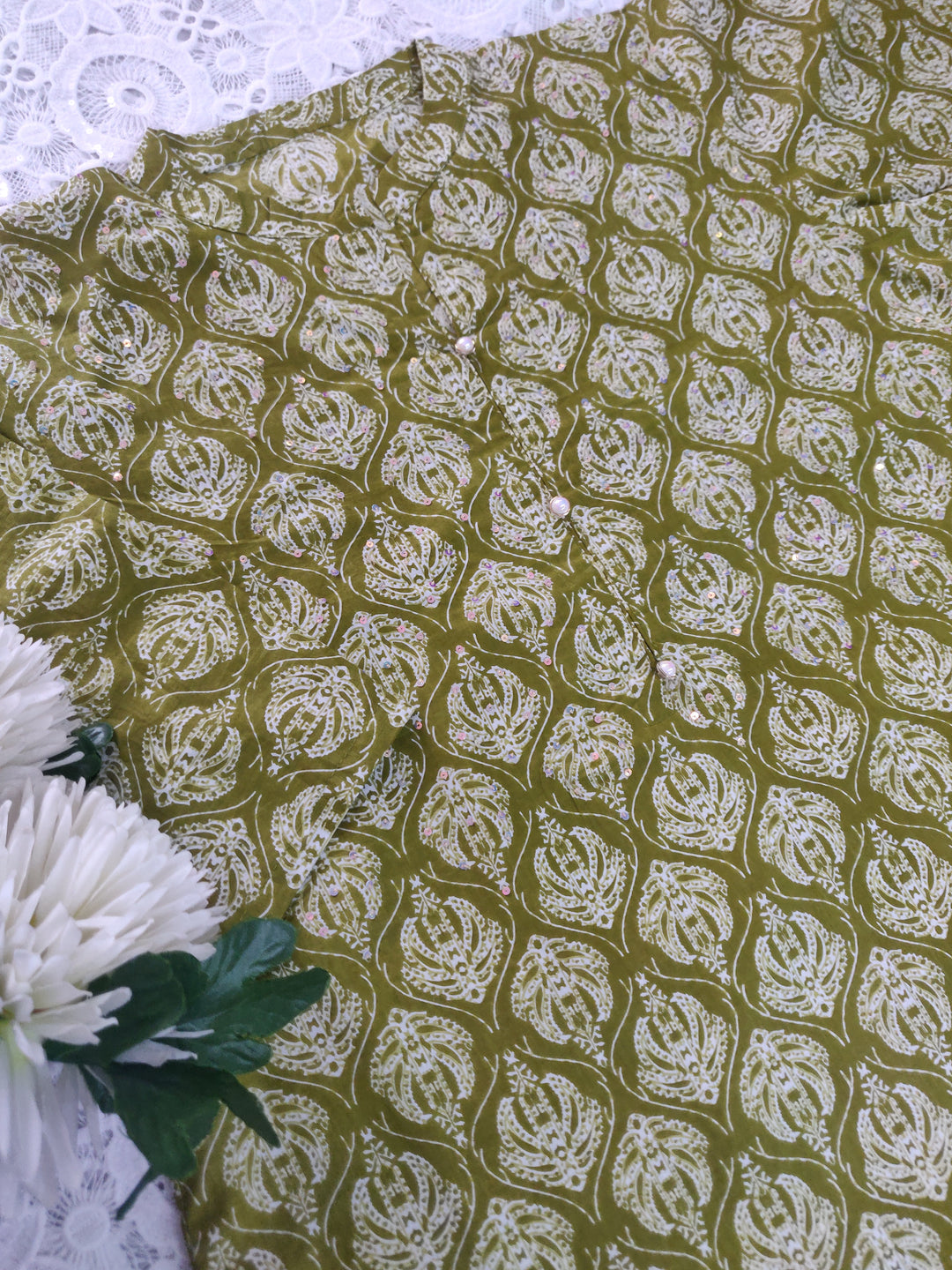 Olive green Printed Cotton Short kurta