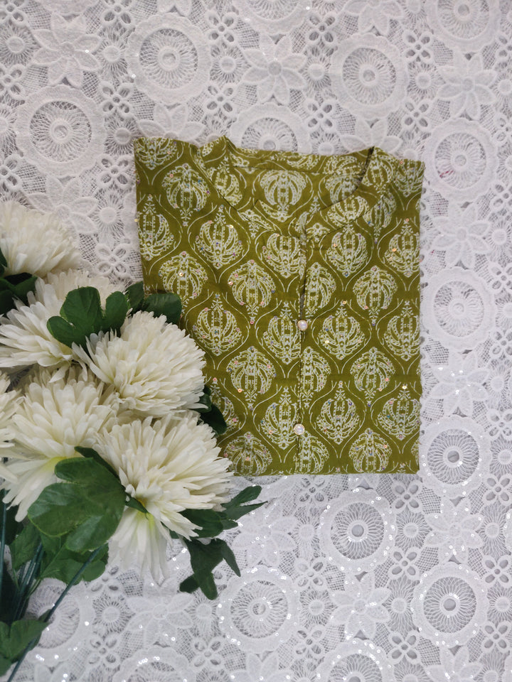 Olive green Printed Cotton Short kurta
