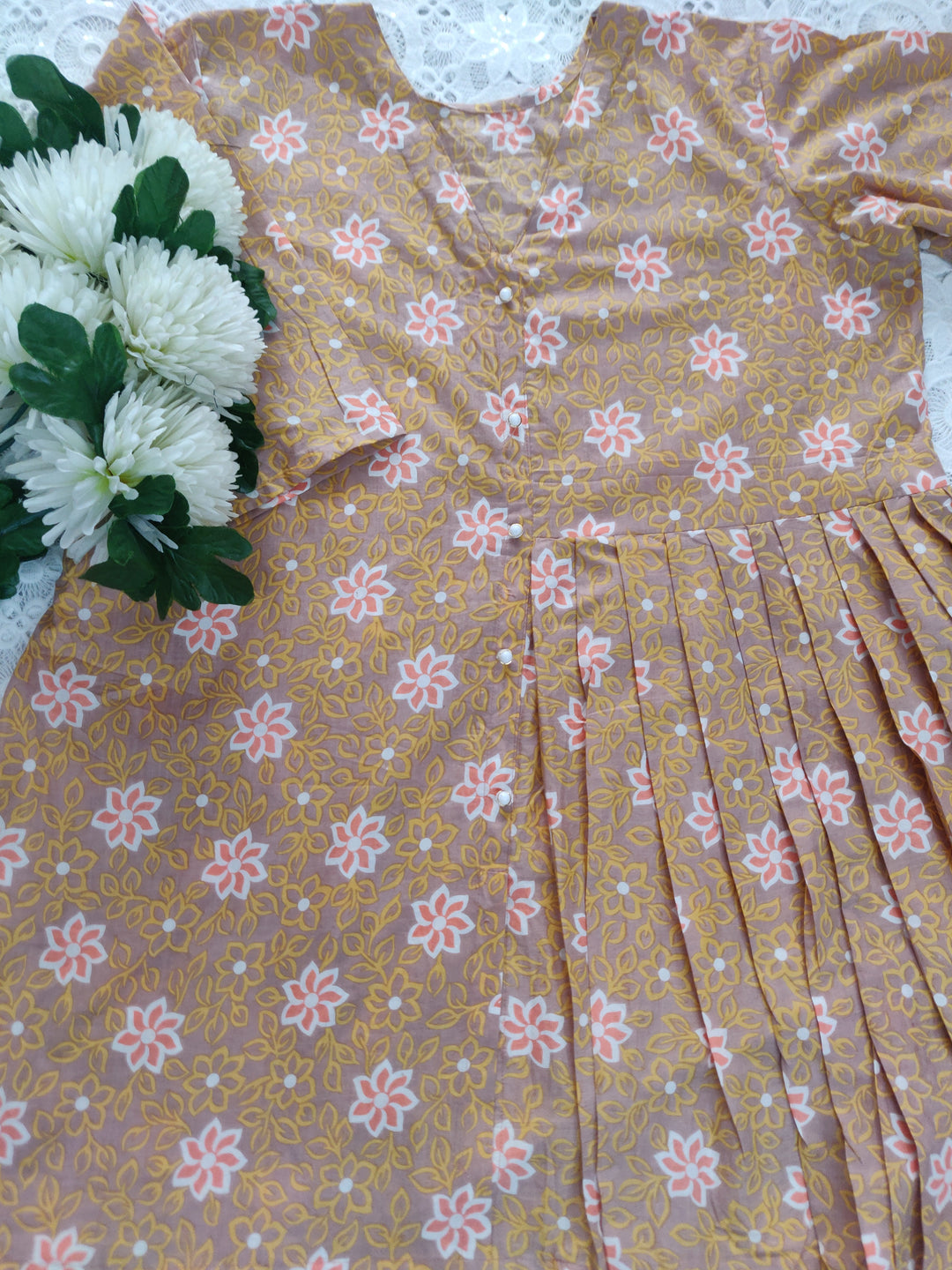 Yellow Printed Cotton Short kurta