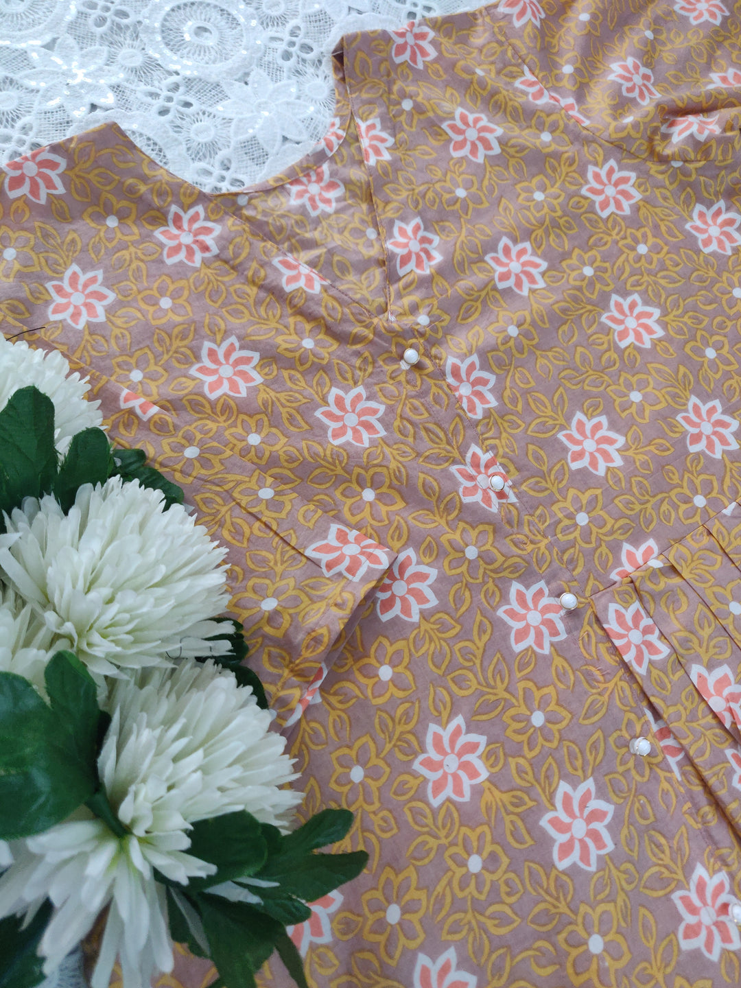 Yellow Printed Cotton Short kurta