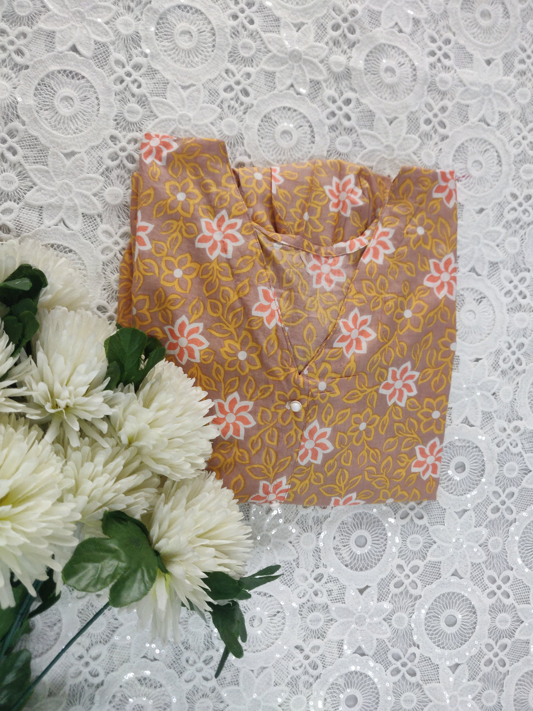 Yellow Printed Cotton Short kurta