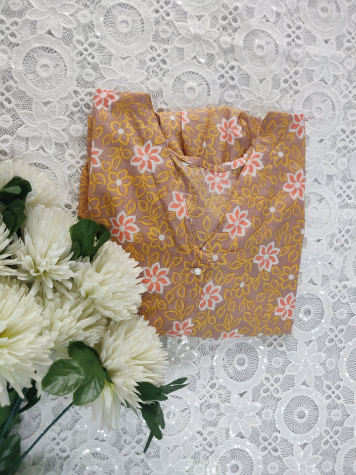 Yellow Printed Cotton Short kurta