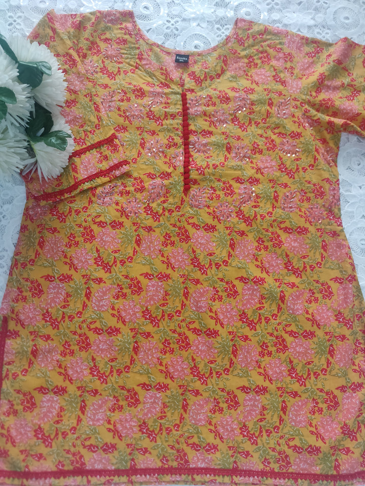 Yellow Printed Cotton Short kurta