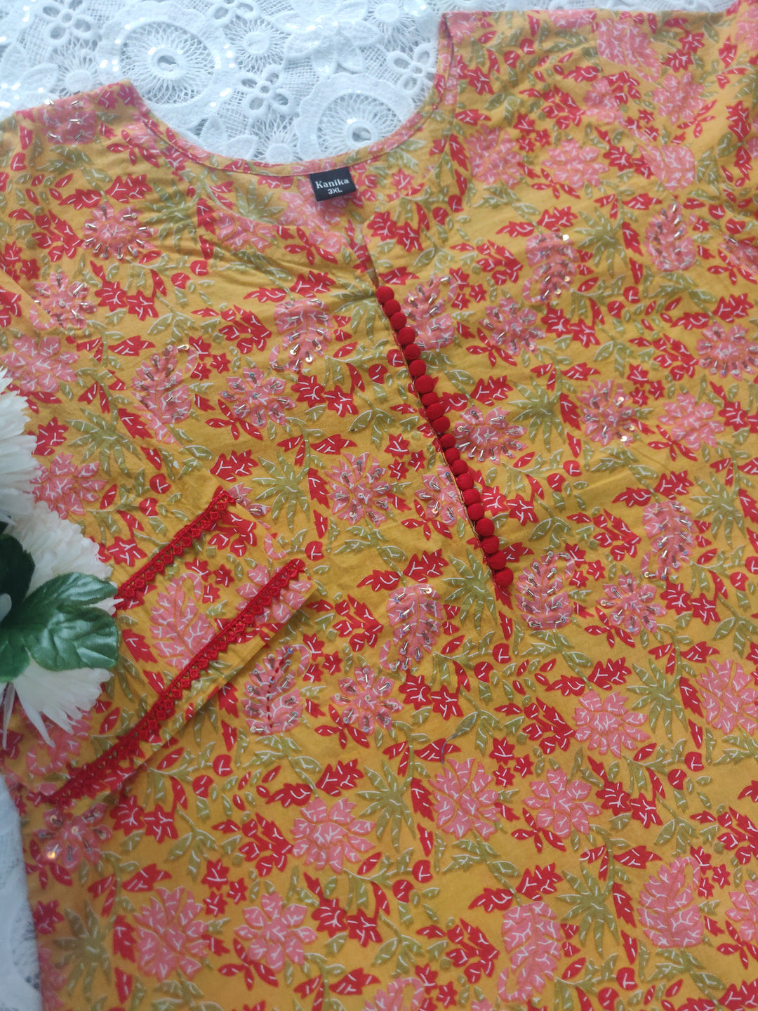 Yellow Printed Cotton Short kurta