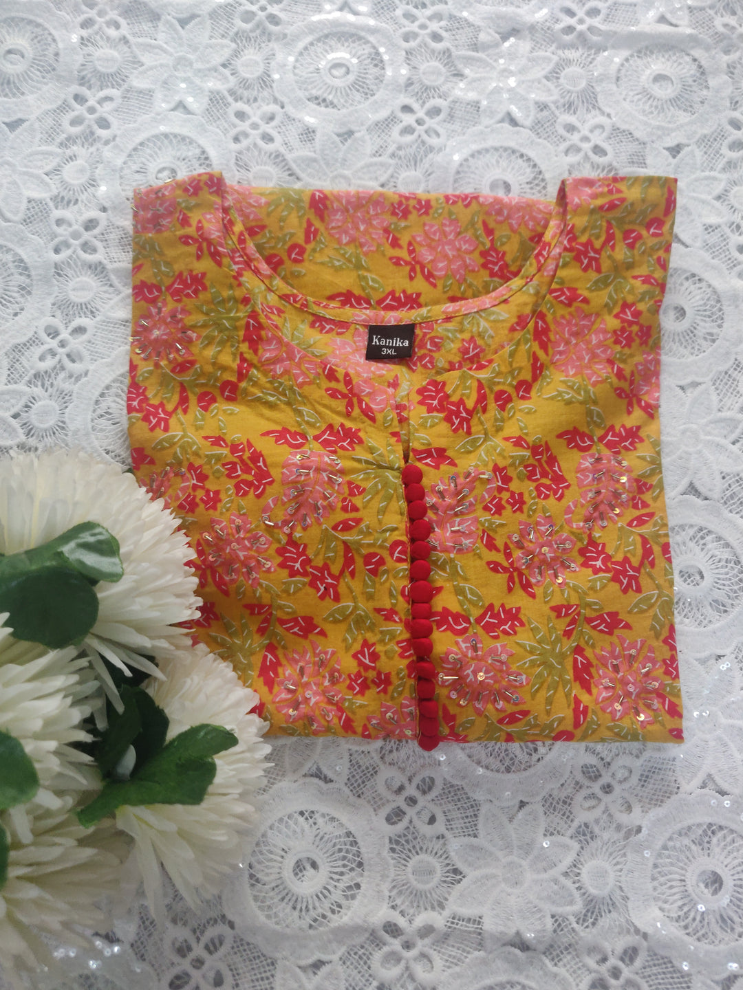 Yellow Printed Cotton Short kurta