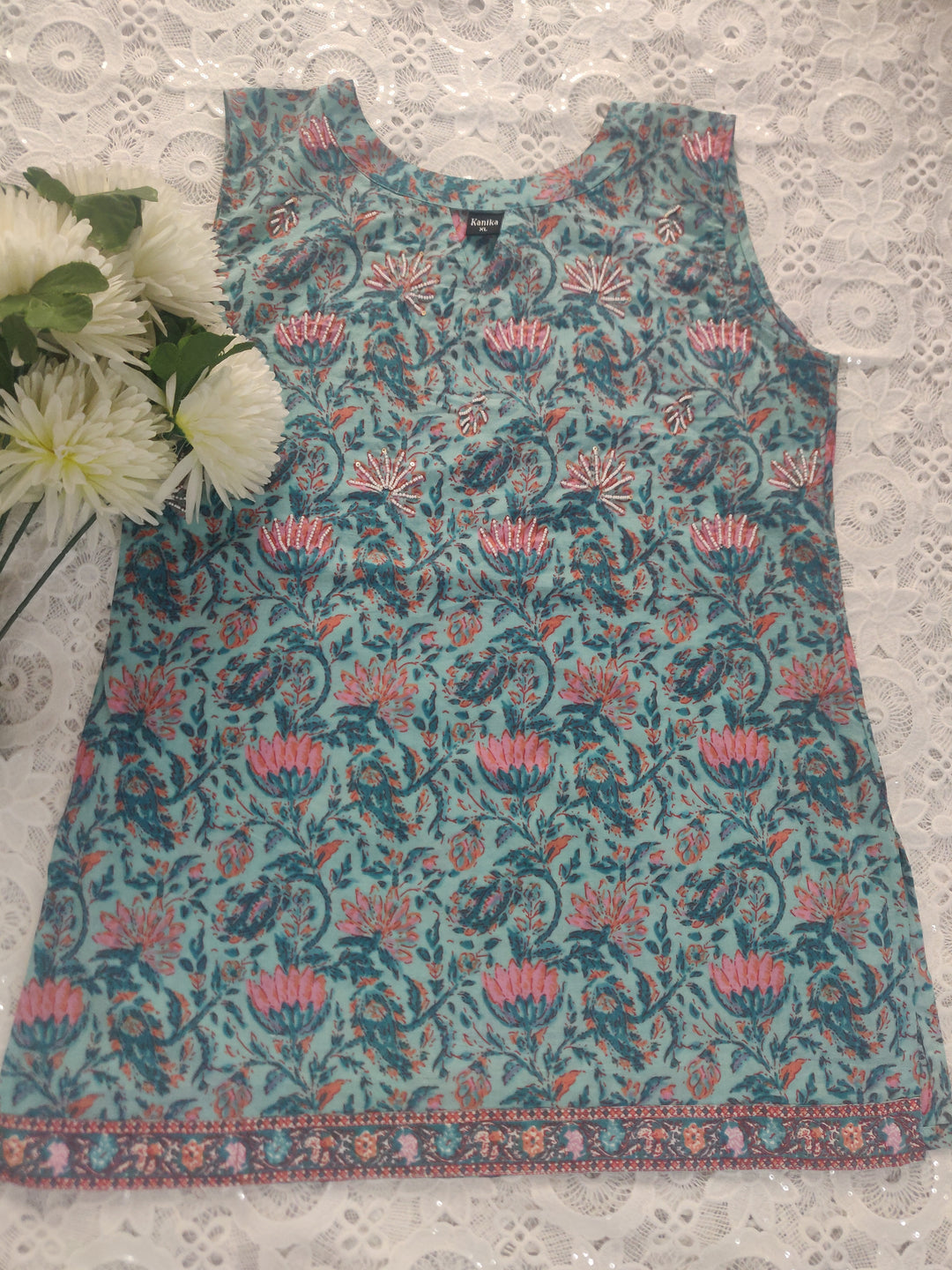 Sea Green Printed Cotton Short kurta