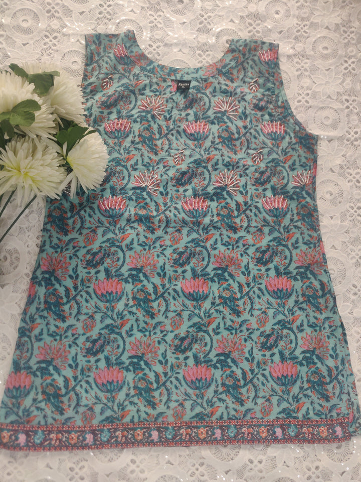 Sea Green Printed Cotton Short kurta