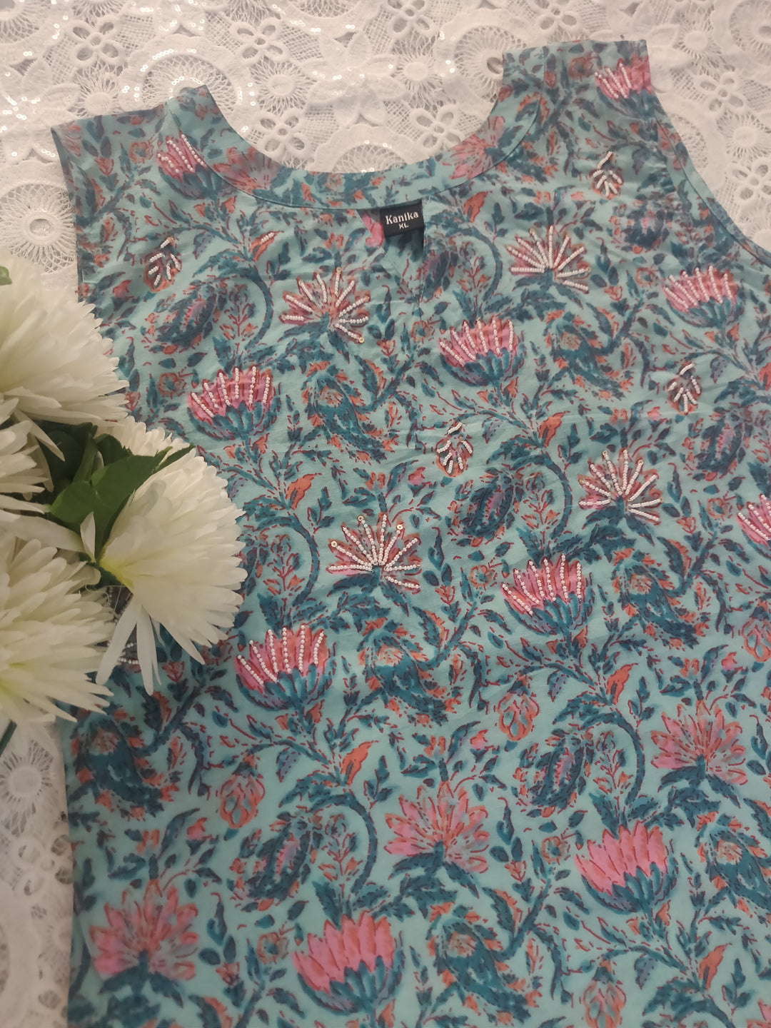 Sea Green Printed Cotton Short kurta