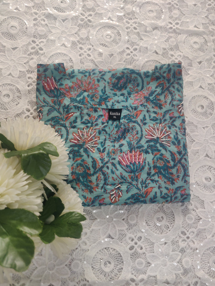 Sea Green Printed Cotton Short kurta
