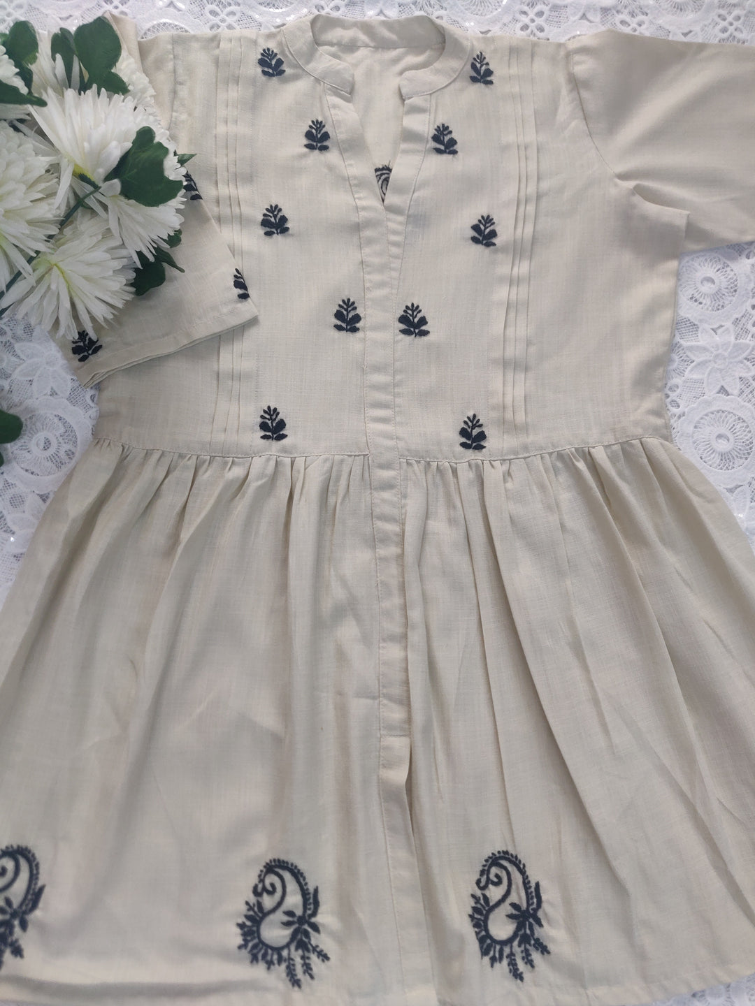 Linen Cotton Beige Chikankari Short kurta