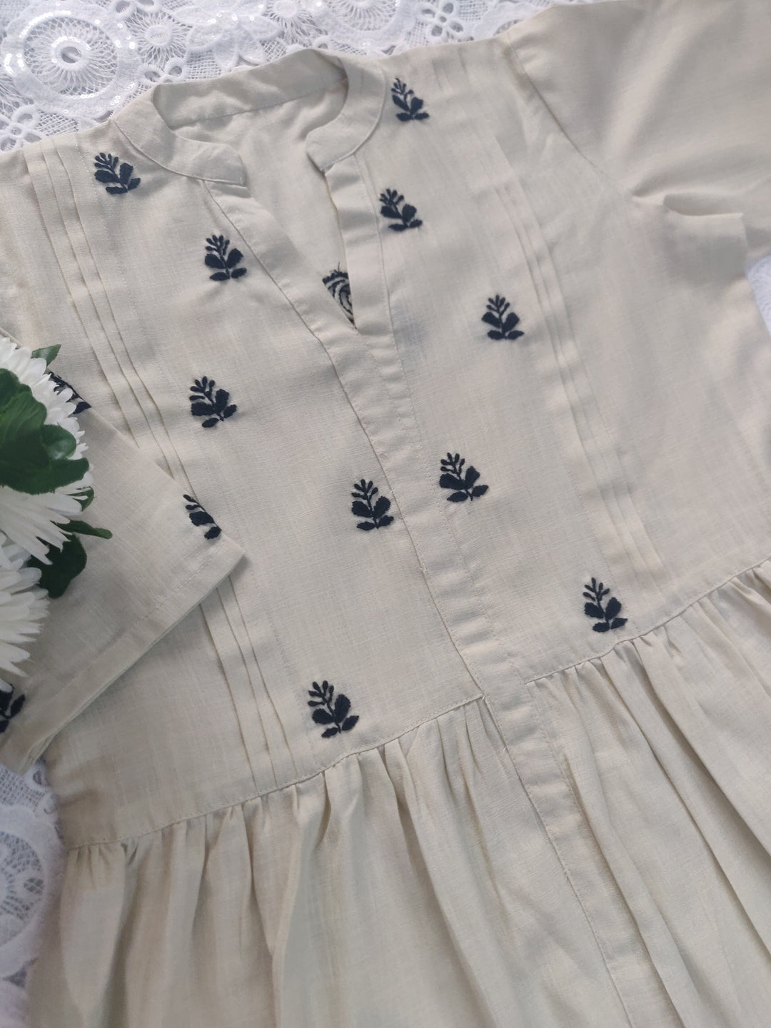 Linen Cotton Beige Chikankari Short kurta