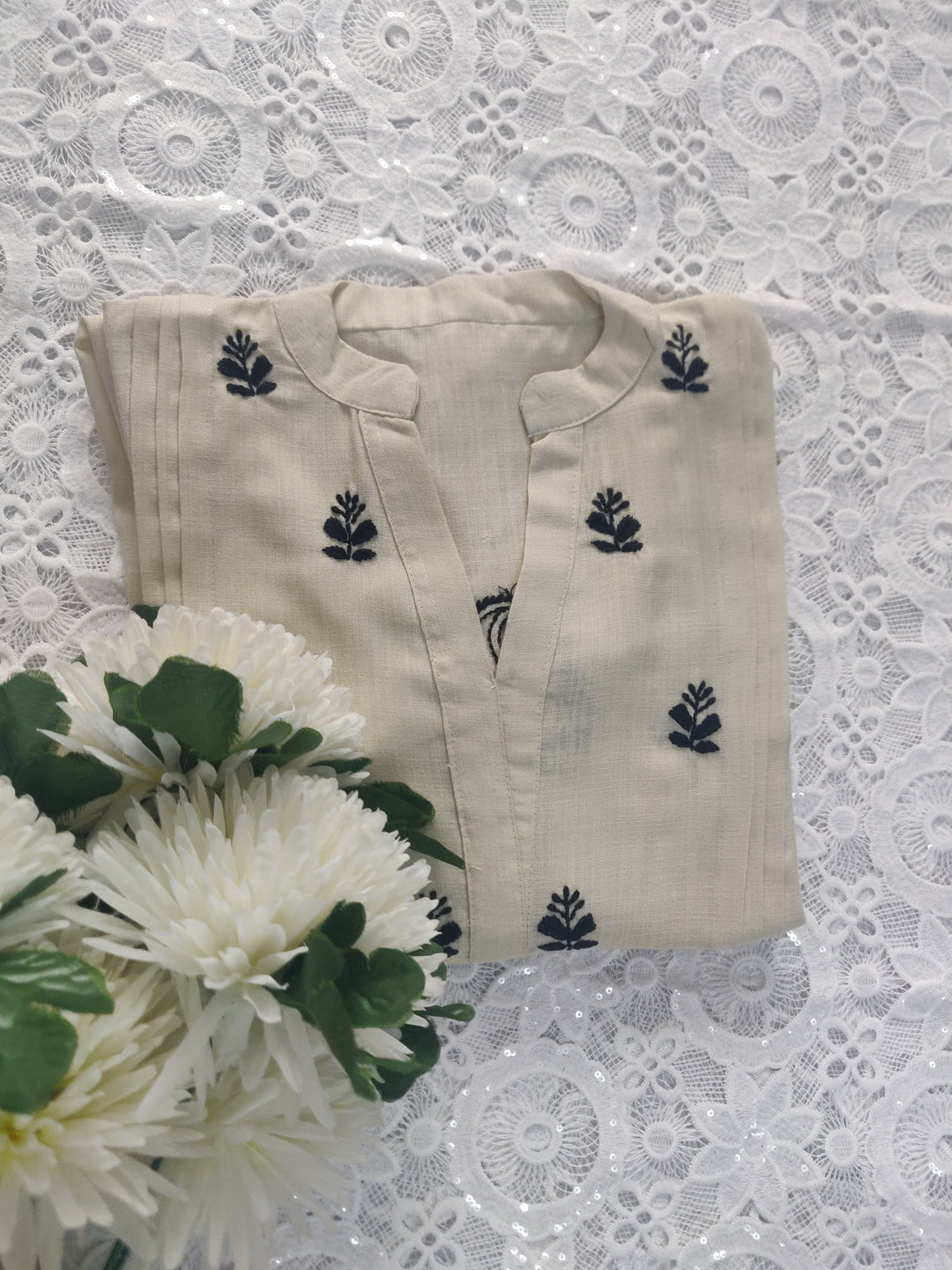 Linen Cotton Beige Chikankari Short kurta