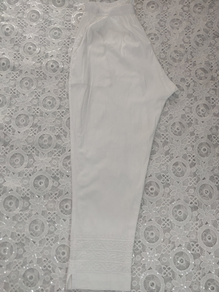 White Stretchable Cotton Chikankari Pant-Custom Made