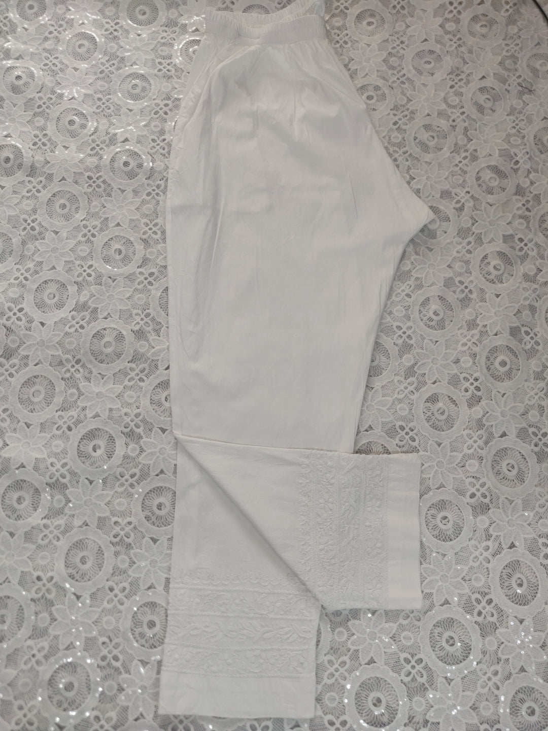 White Stretchable Cotton Chikankari Pant-Custom Made