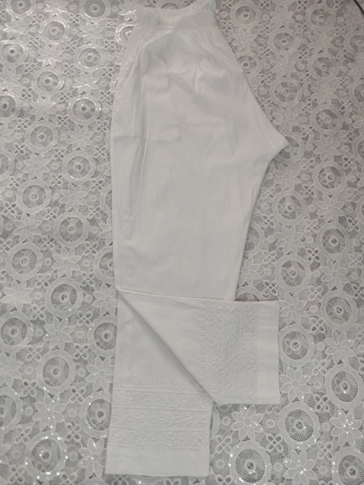 White Stretchable Cotton Chikankari Pant-Custom Made