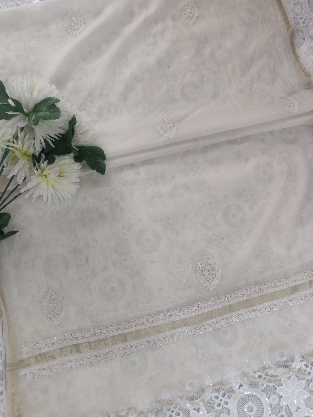 Off White Chanderi Chikankari Dupatta