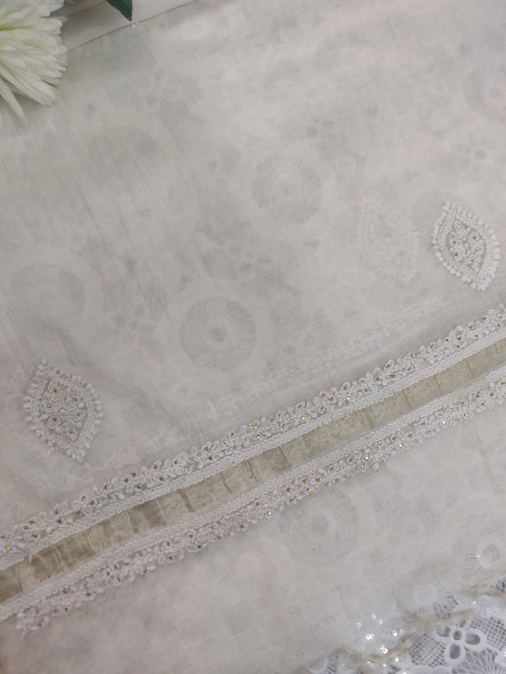 Off White Chanderi Chikankari Dupatta