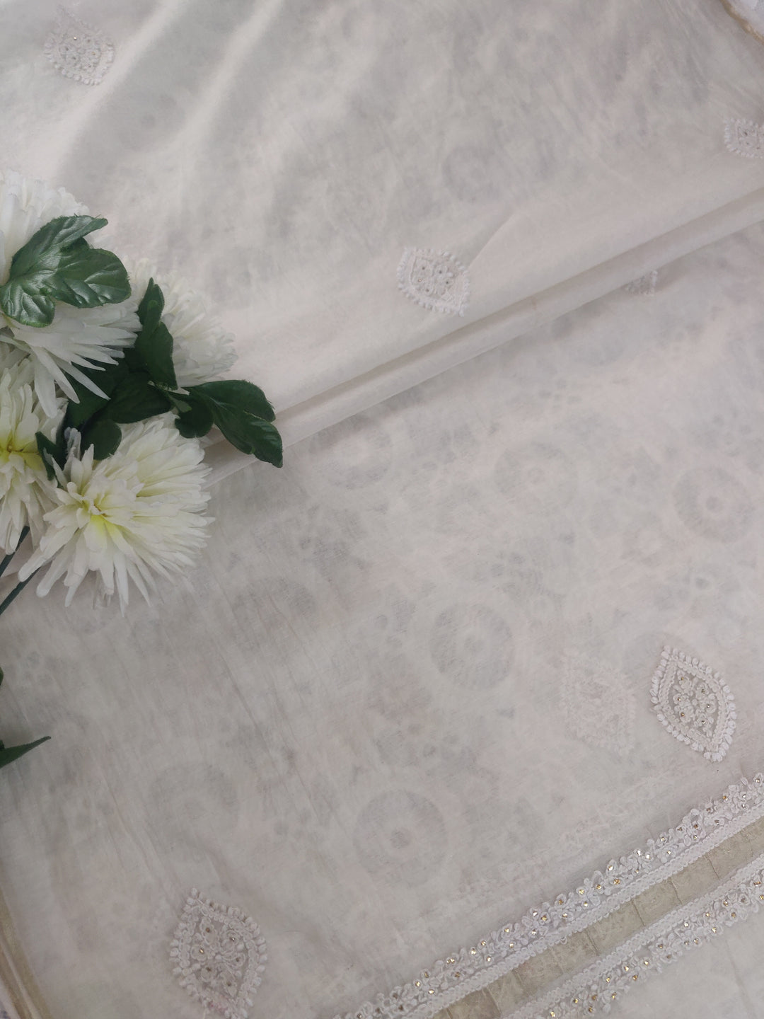 Off White Chanderi Chikankari Dupatta